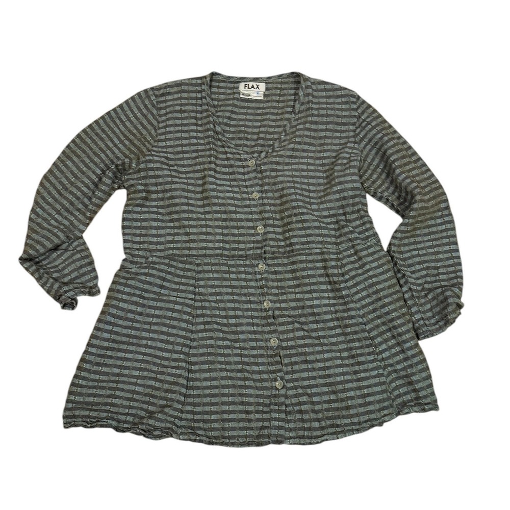 FLAX Womens 100% Linen Striped Button Down Tunic Top Brown Blue Medium Lagenlook